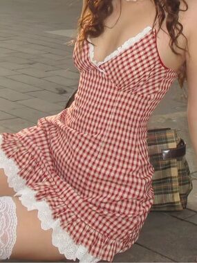 Red Gingham Lace-Trim Slip Dress